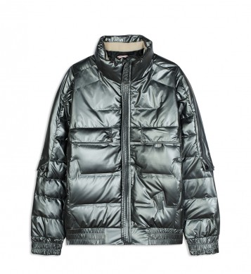 Áo khoác phao đen kẻ nâu hai túi hộp